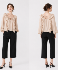 Briella Linen Ruffle Top With Long Sleeve 393 Beige
