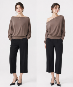 Long sleeve top with button along shoulder 11976 Brown