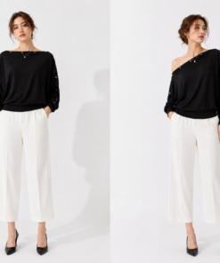 Long sleeve top with button along shoulder 11976 Black