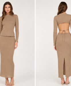 Backless Long-sleeve Top 4165 Beige - June Maxi Skirt 4166 Beige