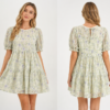 Flower Dress Bubble Sleeve Green/Purple